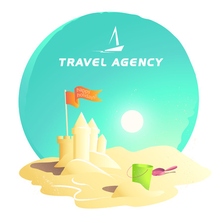 Vector flat summer holiday illustration. Travel agency company insignia. Boat, ship, yacht icon. Cartoon style. Sea rest accessory. Season advertising backdrop. Flayer, banner, poster card designのイラスト素材