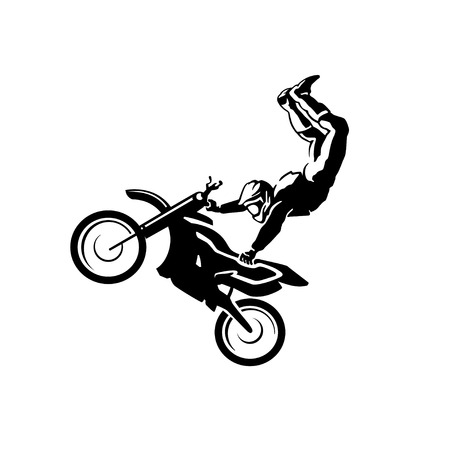 Vector flat moto free style racer icon isolated on white background. Sportsman, athlete jumping with motorcycle. Extreme sports. Sport banner, advertisement, flayer, leaflet, card design.のイラスト素材