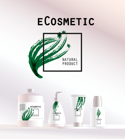 Vector cosmetic insignia isolated on white background. Eco product brand mark. Cosmetic label design template. Cosmetic beauty. Different cosmetic products. Bottle, tube, can, comb, spay, package.のイラスト素材