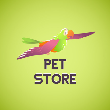 Vector pet store design. Happy flying parrot cartoon character portrait isolated on green background. Bird icon. Pet goods shop insignia. National park.のイラスト素材
