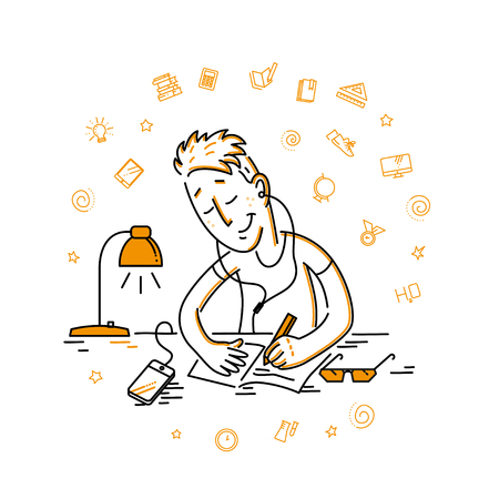 Vector flat studiyng boy illustration. School icons set isolated. Contour drawing. Doodle style. Hand drawn boy portrait. Pupil doing home task. Back to school illustration. Cheerful student characterのイラスト素材