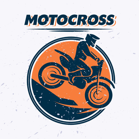 Vector flat dynamic extreme sport illustration with moto free style rider silhouette. Mountain bike. Motorcycle icon. Rider portrait. Motorcycle design. Human figure. Grunge texture background.のイラスト素材