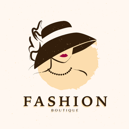 Vector hand drawn beautiful lady in hat portrait isolated on white background. Contour drawing. Black stroke. Fashion, beauty model. Young awesome woman silhouette. Advertisement design elements.のイラスト素材