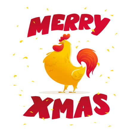 Vector New Year congratulation design. Rooster, cock portrait cartoon illustration. Holiday card design element. Merry Christmas, happy New Year memory card, advertisement design. Chinese year symbol.のイラスト素材