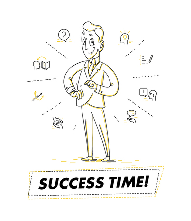 Vector flat business illustration. Businessman, office worker portrait. Smiling man isolated on white background. Success concept. Business linear icons isolated on white background.のイラスト素材