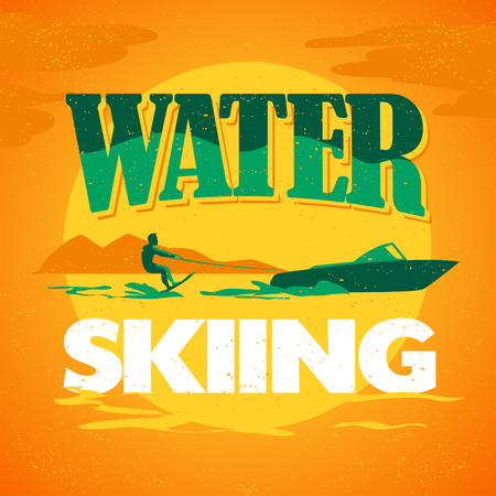 Vector flat water skiing illustration. Vintage, retro style. Surfer silhouette. Human figure. Extreme sport, summer resting. Summer banner, poster, placard, travel card design template.のイラスト素材