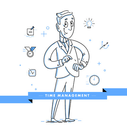 Vector flat linear business illustration. Businessman, office worker portrait. Cheerful happy man silhouette isolated on white background. Time managment.のイラスト素材