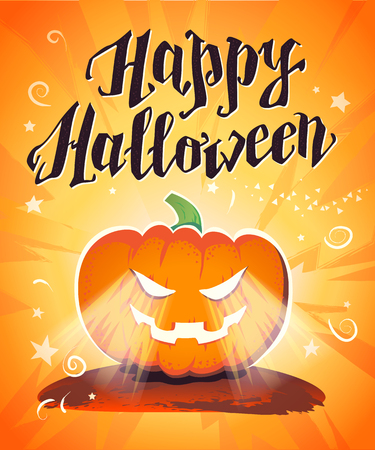 Vector flat halloween card, advertisement, banner, poster, placard, party invitation, flayer design. Halloween background design. Cartoon style. Hand written font. Pumpkin character.のイラスト素材