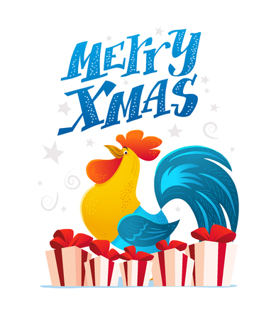 Vector New Year congratulation design. Rooster, cock portrait cartoon illustration. Holiday card design element. Merry Christmas, happy New Year memory card, advertisement design. Chinese year symbol.のイラスト素材