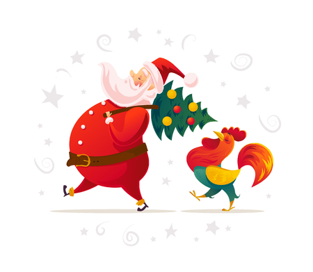 Vector santa and funny rooster characters portrait on white background. Cartoon style. New Year, merry christmas, xmas congratulation design element. Good for holiday card, banner, flayer, leaflet.のイラスト素材