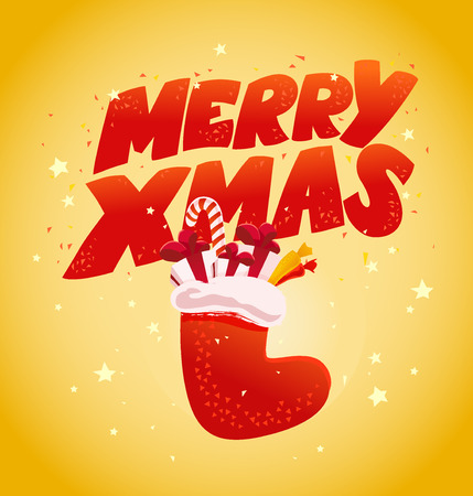 Vector cute flat illustration of new year and christmas present and gift container isolated. Gift sock, boot. Cartoon style. Good for xmas congratulation card, banner, poster, flayer, leaflet.のイラスト素材