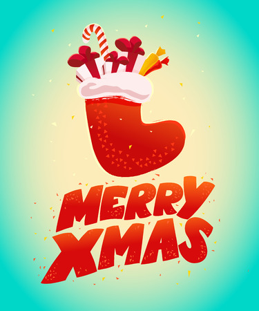 Vector cute flat illustration of new year and christmas present and gift container isolated. Gift sock, boot. Cartoon style. Good for xmas congratulation card, banner, poster, flayer, leaflet.のイラスト素材