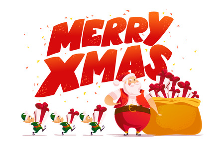 Vector flat merry christmas and happy new year illustration with santa claus and his funny elf with gift box. Cartoon style. Good for Xmas decoration, card design.のイラスト素材