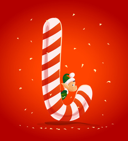 Vector flat christmas santa claus elf character portrait with big sweet lollipop. Cartoon style illustration. Happy New Year, Merry Xmas design. Good for congratulation card, banner, flayer, leaflet.のイラスト素材