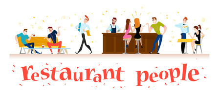 Vector flat restaurant people illustration. Cartoon style. Funny happy people at cafe, bar table. Boy and girl in love sitting in restaurant on a date. Evening party. Waiter, cheerful men characters.のイラスト素材