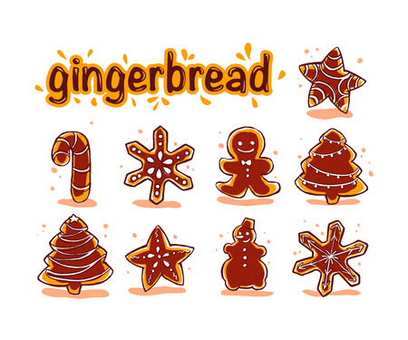 Vector collection of christmas chocolate hand drawn ginger beard isolated on white background. Cartoon style. Good for xmas and New Year gif, present packaging, pattern, ornament, decoration design.のイラスト素材