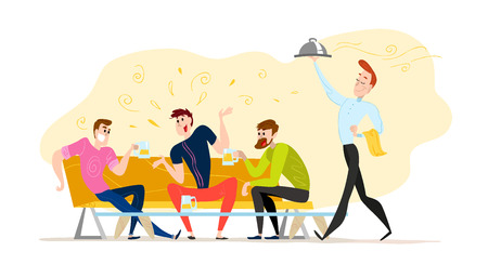 Vector flat restaurant people illustration. Cartoon style. Funny happy men at cafe table, sofa. Guy company sitting in restaurant. Evening party. Waiter, cheerful boys characters.のイラスト素材