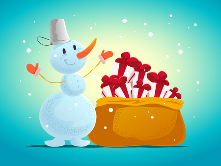 Vector christmas illustration with snowman funny character portrait isolated. Cartoon style. Happy New Year and Merry Xmas design element. Congratulation card.のイラスト素材