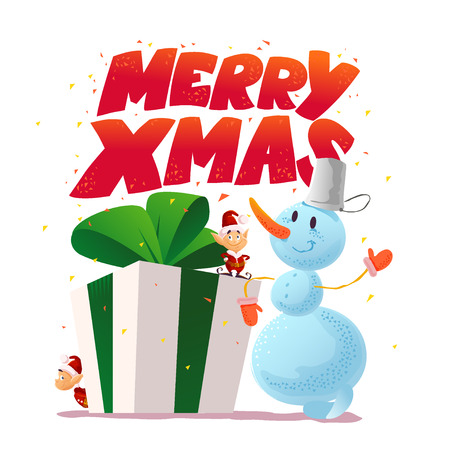 Vector christmas illustration with snowman and santa elf funny character portrait isolated. Cartoon style. Happy New Year and Merry Xmas design element. Congratulation card.のイラスト素材