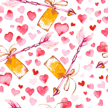 Artistic seamless pattern with watercolor hand drawn hearts isolated on white background. Paint drawing. Good for Valentine day card design, package paper. Love and romantic theme.の写真素材