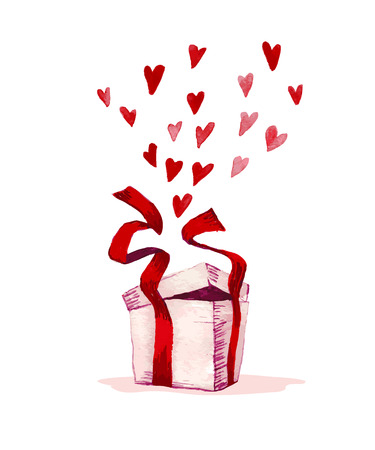 Vector Valentine day hand drawn artistic gift box design element isolated on white background. Watercolor painting. Heart shape. Good for Lovers day congratulation card.のイラスト素材