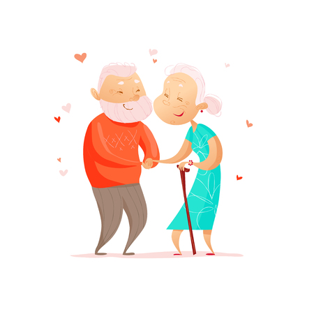 Vector flat portrait of old cute loving couple isolated on white background. Cartoon style. Love forever. Grandparents characters illustration. Happy people. Good for lovely postcard design.のイラスト素材