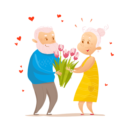 Vector flat portrait of old cute loving couple isolated on white background. Cartoon style.のイラスト素材