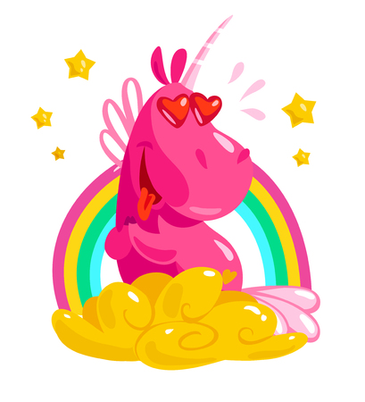 Vector flat funny unicorn character portrait on cloud at rainbow isolated on white background.のイラスト素材