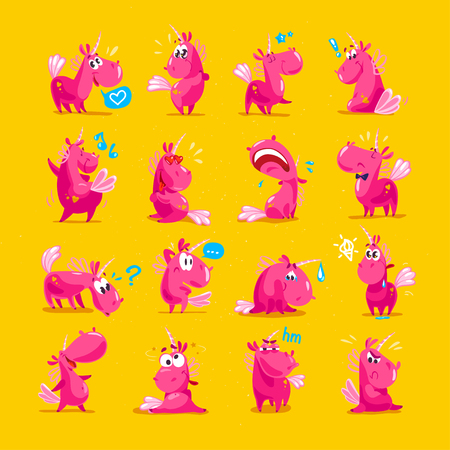Vector collection of flat funny unicorns isolated on yellow background. Cartoon style.のイラスト素材