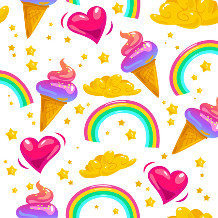 Vector flat seamless pattern with stars, rainbow, ice cream cone, magic cloud and heart.のイラスト素材