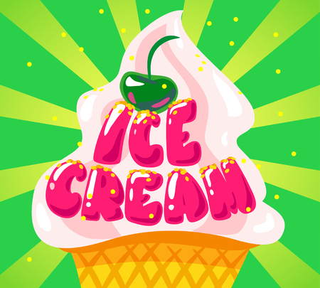Vector flat ice cream shop, store logo isolated on green background. Cartoon style. Ice cream store, truck emblem with confetti and big ice cream cone. Badge, sticker, poster, package design element.の写真素材