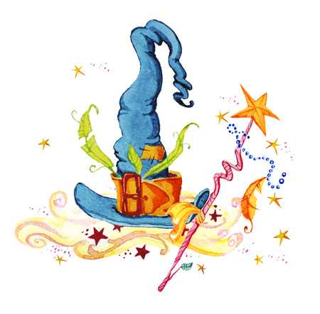 Artistic watercolor hand drawn magic illustration with stars, wizard hat, smoke and magic wand isolated on white background. Fairy tale magician. Children illustration.の写真素材