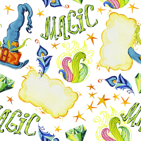 Watercolor artistic hand drawn seamless pattern with set of magic elements isolated on white background. Wonder fairytale package backdrop. Good for halloween packaging paper design.の写真素材