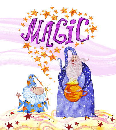 Watercolor hand drawn magic illustration with stars, two wizards isolated on white background. Fairy tale magician. Children illustration. Hand drawn lettering. Artistic font.の写真素材