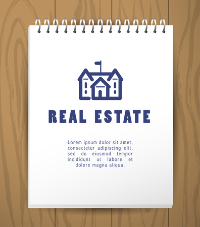 Vector flat construction company brand design template. Building company and architect bureau insignia, logo illustration isolated on white backdrop. Line art. Notepad mock up on wood background.の写真素材