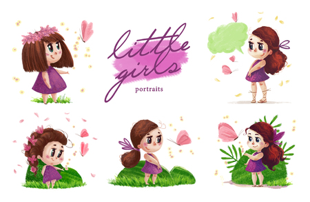Collection of hand drawn portrait of cute little girl with long hair standing on the green grass next to flying butterfly isolated on white background. Summer child illustration with nature elements.の写真素材