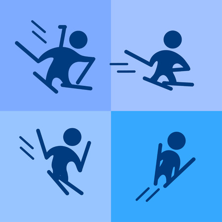 Vector collection of flat simple athlete silhouettes isolated on blue background. Winter sport icons. Competition symbols. Good for advertising and poster design.のイラスト素材
