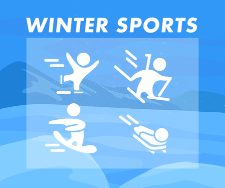 Collection of winter sport flat icons isolated on blue colored winter mountain and snow landscape. Snowboard, figure skating, skeleton and biathlon athletes silhouettes set. White color.のイラスト素材
