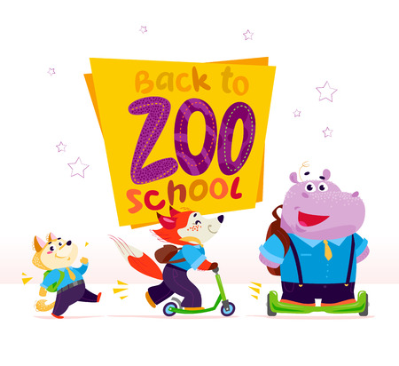 Vector flat collection of happy funny animal - walking dog, fox riding scooter, hippo on balance wheel - students. Back to school collection. Cartoon style. Good for sticker, banner, packaging design.のイラスト素材