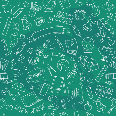 Vector seamless pattern with doodle school supplies isolated on green background. Linear school elements. Good for banner, packaging paper. Outline isolated education objects. Chalkboard painting.のイラスト素材