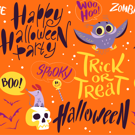 Vector seamless Halloween pattern with magic traditional elements isolated on orange background - owl, mouse, skull, bat, stars, lettering. Good for advertising, media, cards design, packaging paper.のイラスト素材