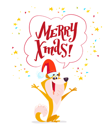 Vector cartoon portrait of funny smiling dog in santa hat with xmas greeting in speech bubble and confetti isolated on white background. Lettering christmas greeting in speech box, text balloon. Card.のイラスト素材