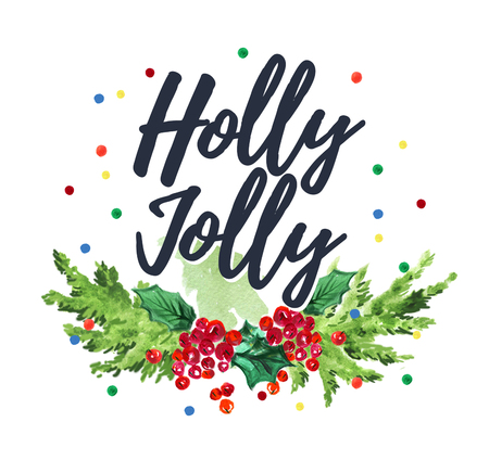 Watercolor artistic hand drawn christmas congratulation designs with fir tree branch, holly, decoration balls, lettering & confetti isolated on white background. Happy New year & Merry Xmas party.の写真素材