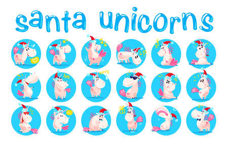 Collection of funny santa unicorn emoticon in santa hat isolated on white winter background. Set of cute white fairy little pony with pink tail. Good for merry christmas card and new year media design.のイラスト素材