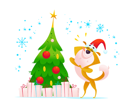 Christmas illustration of cheerful dog character in Santa hat.のイラスト素材