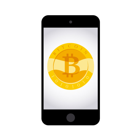 Vector illustration with smartphone having golden coin with bitcoin emblem on its screen isolated on white background. Mobile device and cryptocurrency symbol. Digital money and gadget pic.のイラスト素材