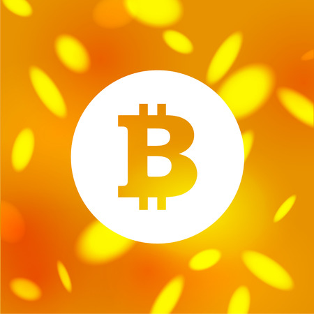 Vector bitcoin simple flat emblem isolated on golden blurred background. Digital currency symbol. Cryptocurrency sign. Stock market logo design. Money fall down.のイラスト素材