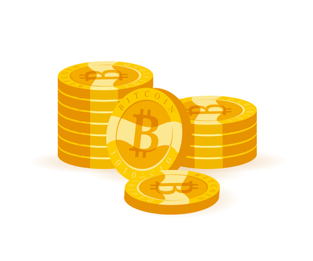 Vector bitcoin collection flat illustration isolated on white background. Cryptocurrency golden symbol. Digital money pile, bit coin emblem, golden coin with bitcoin symbol design. のイラスト素材