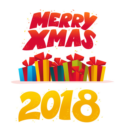 Vector flat merry christmas illustration with pile of christmas presents and gift boxes. Text congratulation, lettering. Cartoon style. Good for holiday banner, card design.のイラスト素材