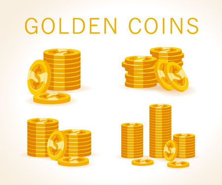 Set of flat golden coins isolated on white illustration.のイラスト素材